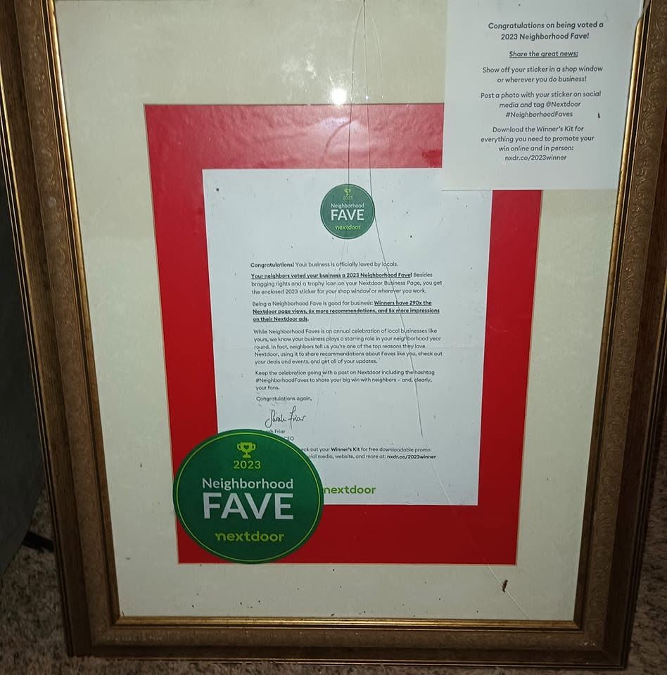 2023 Nextdoor Neighborhood Fave award certificate